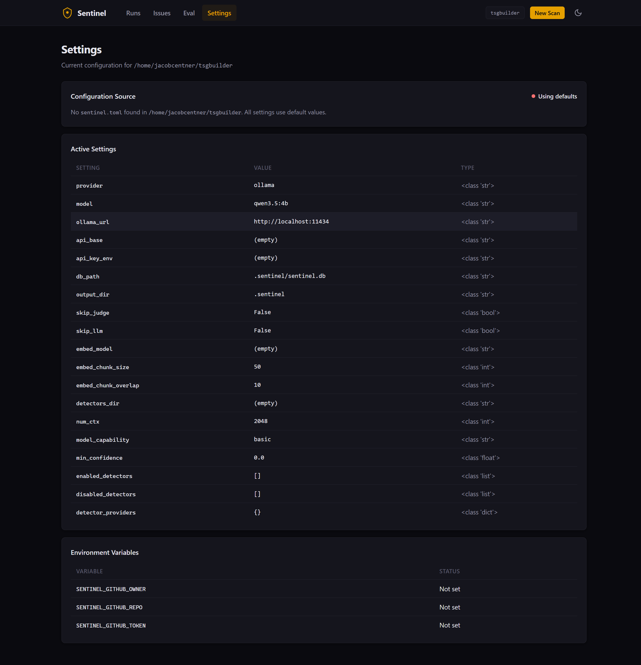 Settings page showing active configuration and env vars