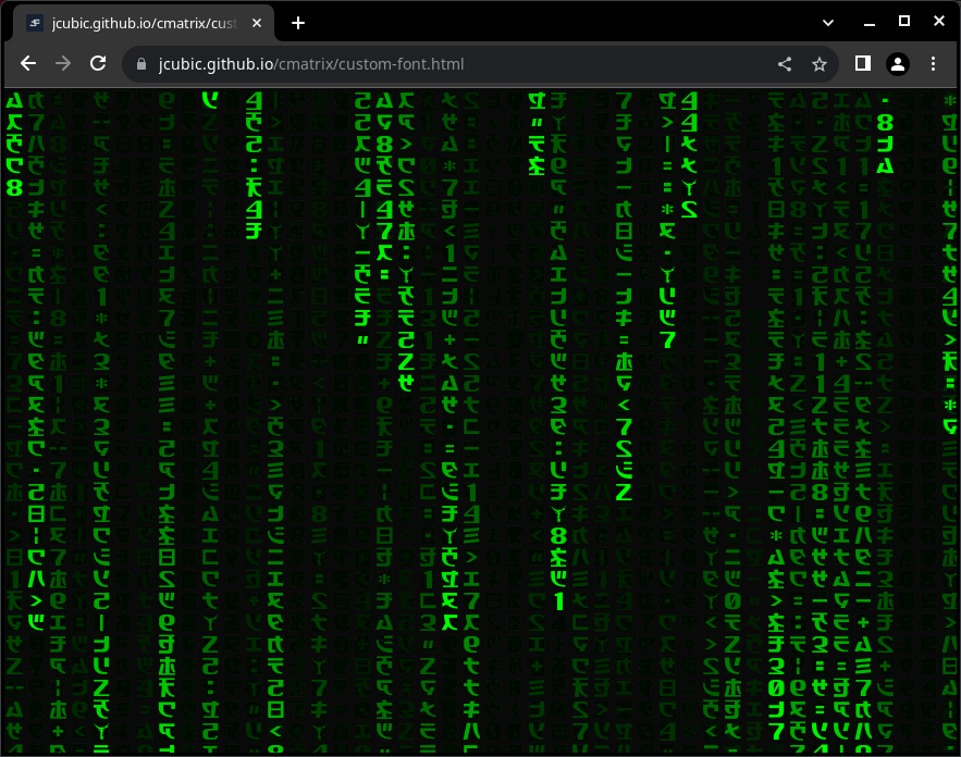Screenshot of a browser window with Matrix rain effect, green letters that look like Japanese on black background