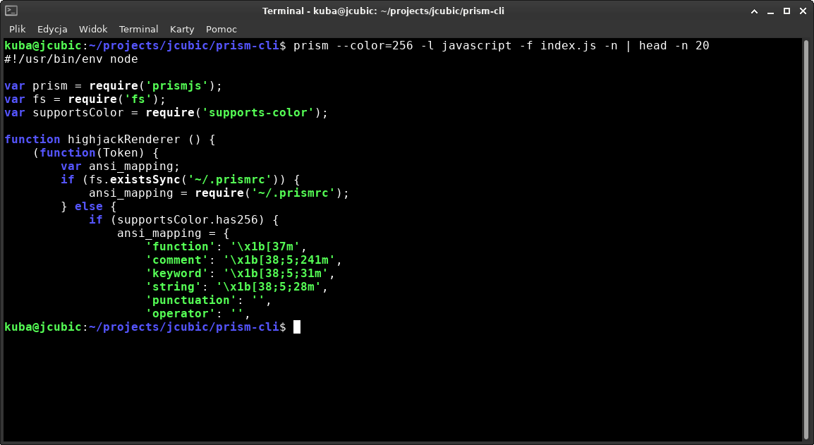 Terminal with JavaScript Code in color