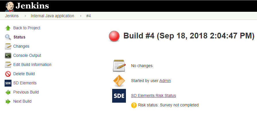 Build will fail when mandatory survey in SD Elements isn't
completed