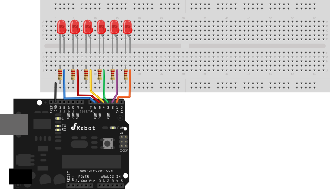 Connect 6 LEDs to Ardunio