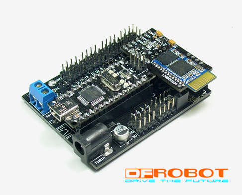 Figure A: DF-Bluetooth Module with Arduino Nano IO Expansion Shield (SKU: CF-DF-RoboduinoNanoIO)