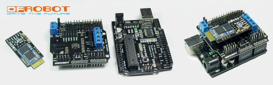 Figure B: DF-Bluetooth Module with Arduino Duemilanove IO Expansion Shield (SKU: CF-DF-RoboduinoIOV2.0)