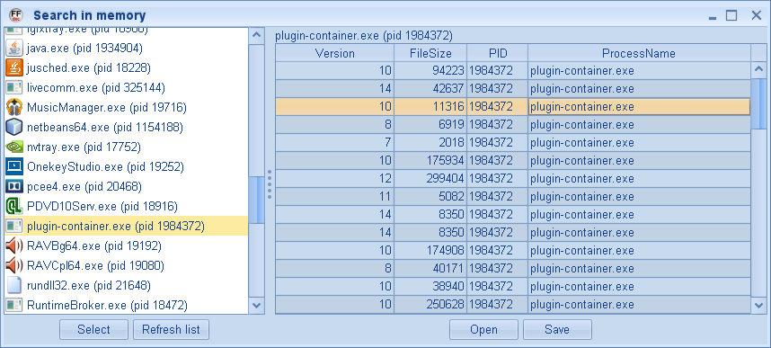 Search memory window