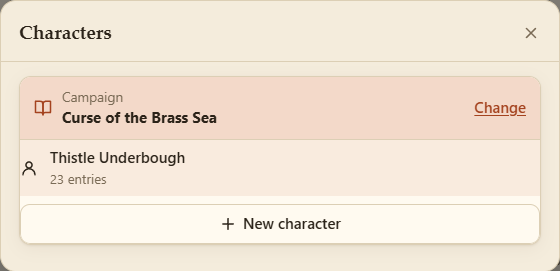 The character menu, with the campaign at the top