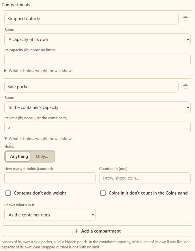 A backpack's compartments in its editor
