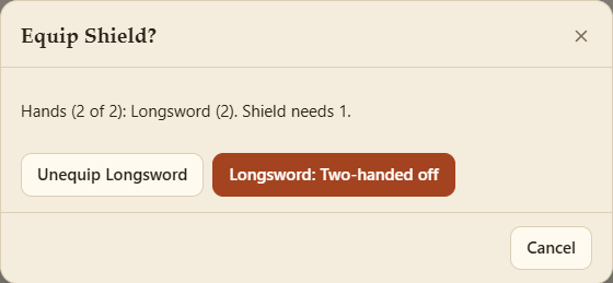 Equipping a shield while a longsword is held two-handed