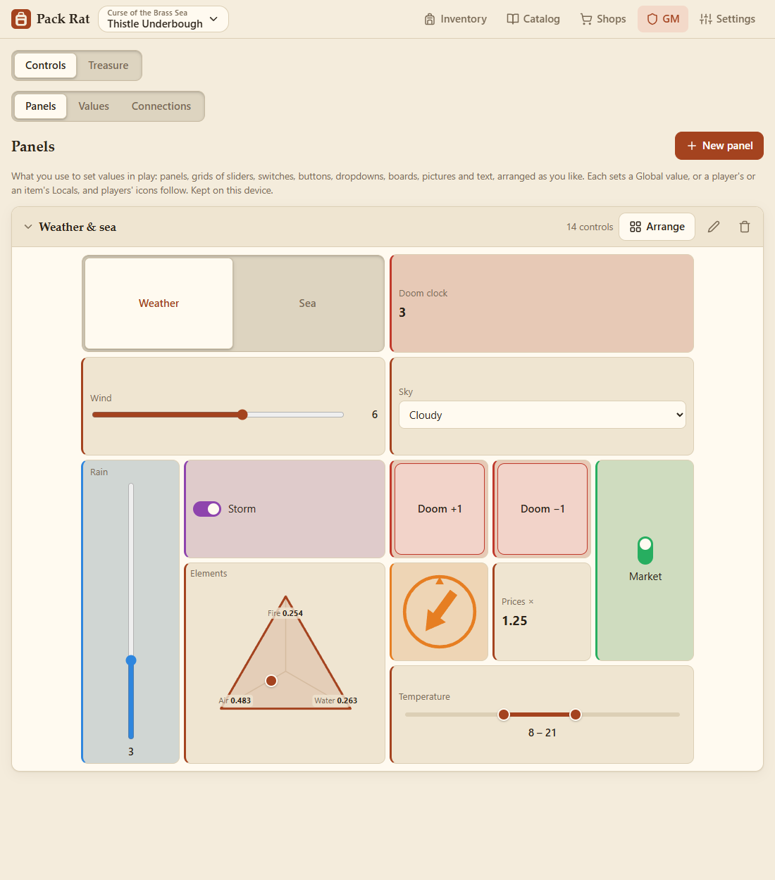 Preparing as GM: the Controls tab with a panel