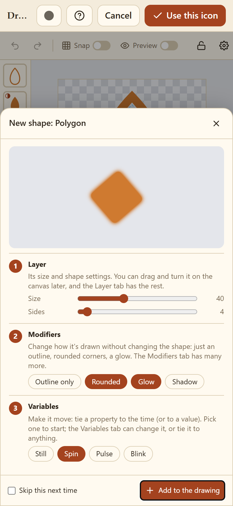 Adding a shape: its size, look and a first animation