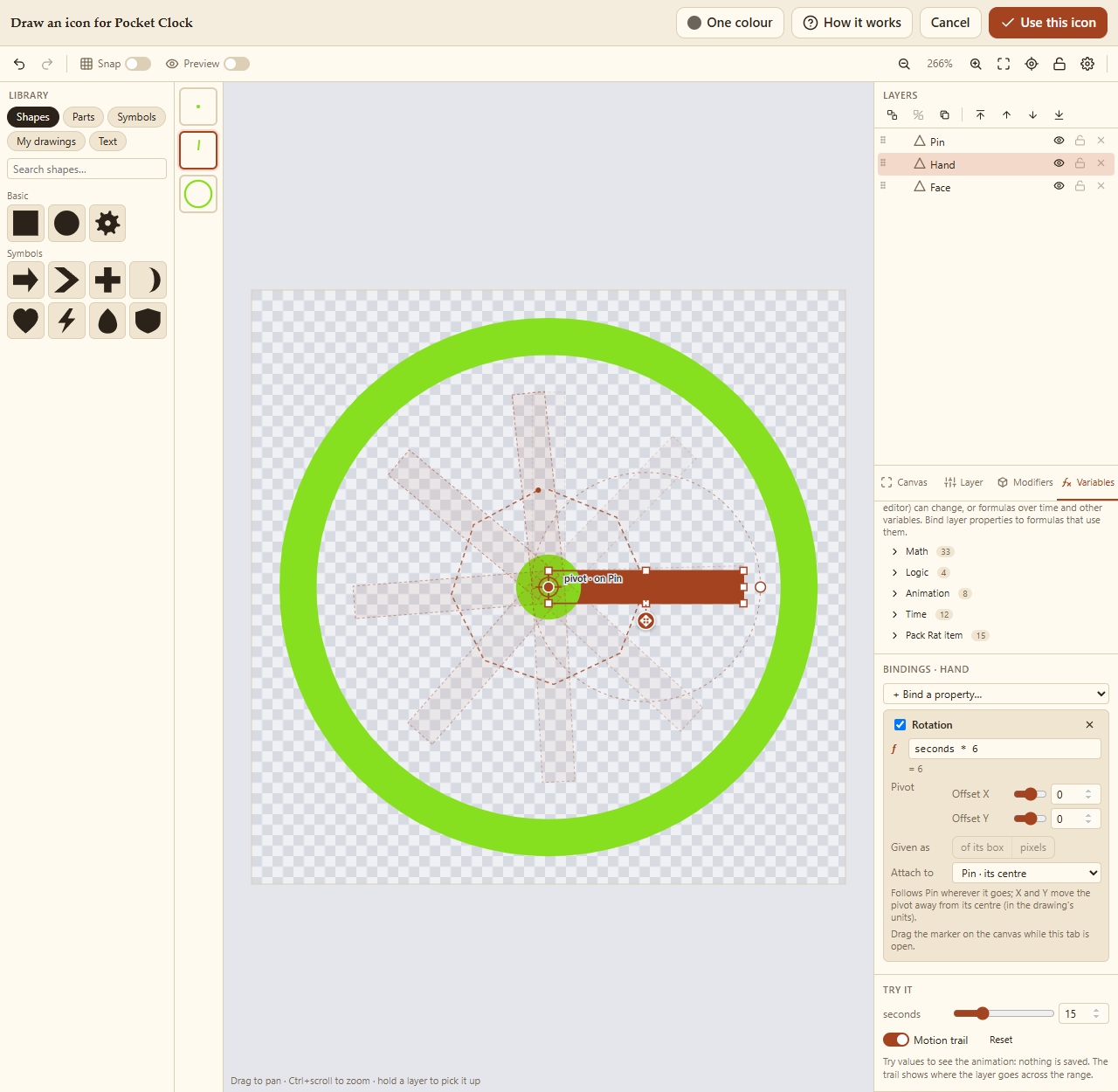 A clock hand attached to its pin, with Try it at 15 seconds and its motion trail