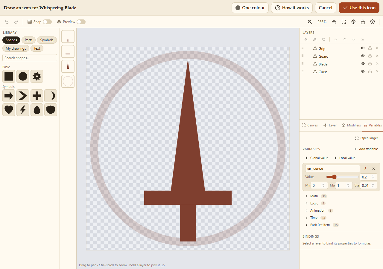 The Variables tab: Pack Rat's item values and the Global and Local values