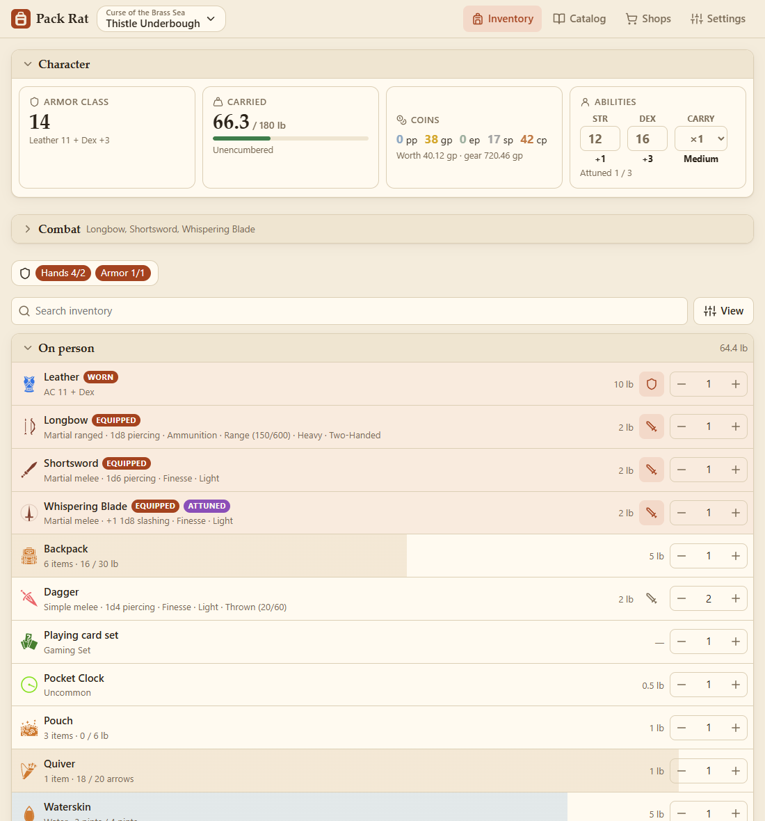 The inventory, with the character panel and a backpack