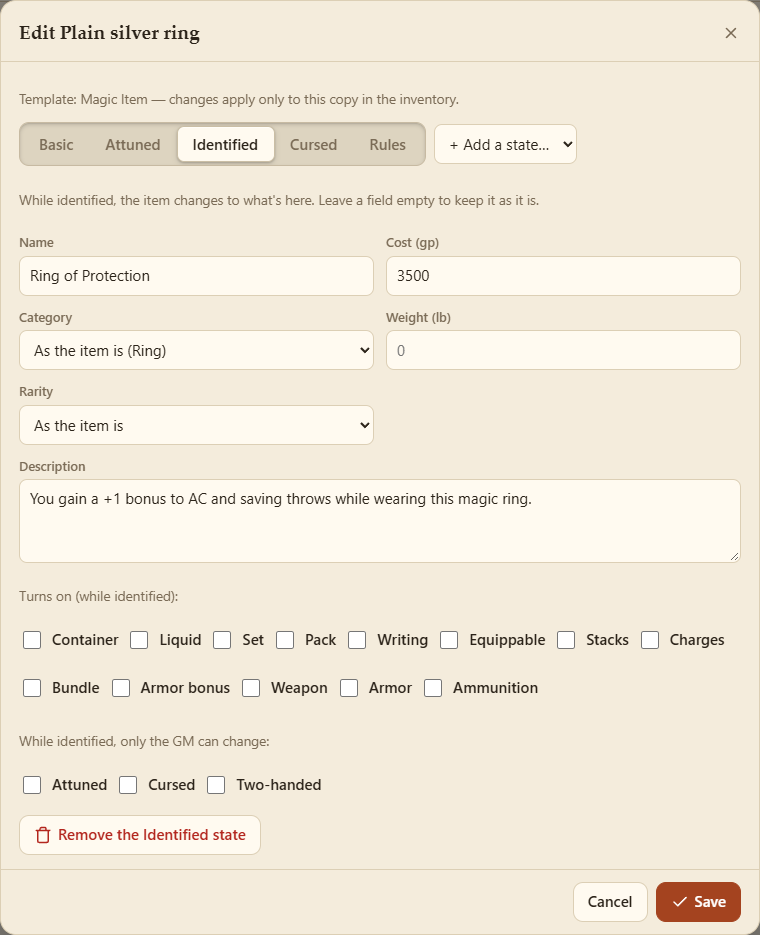 A state's tab in the item editor