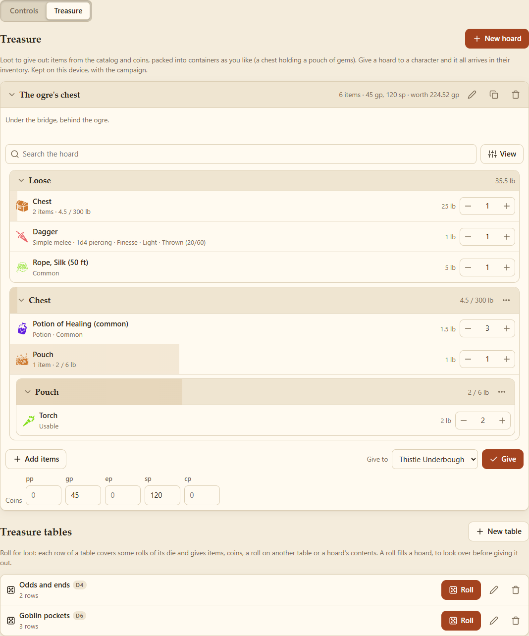 The Treasure tab: a hoard and two tables