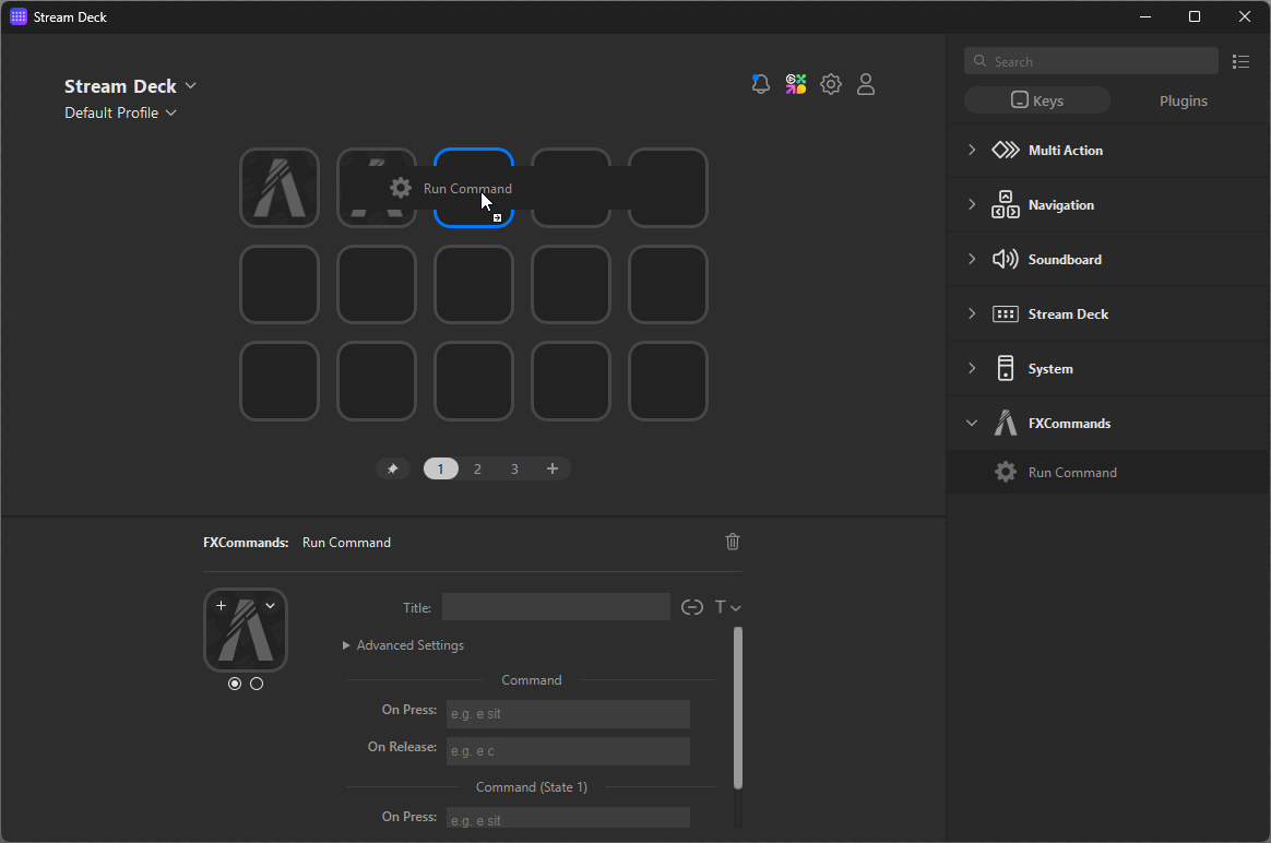 Dragging the Run Command action onto the Stream Deck
