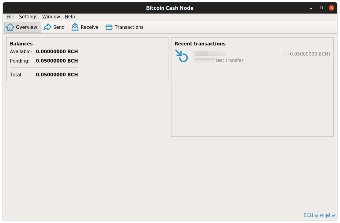 Bitcoin Cash Node test receive pending