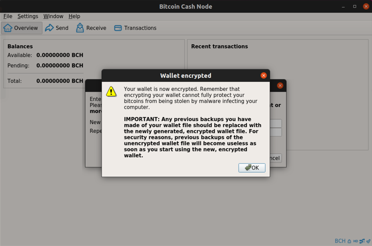 Bitcoin Cash Node wallet encrypted notice