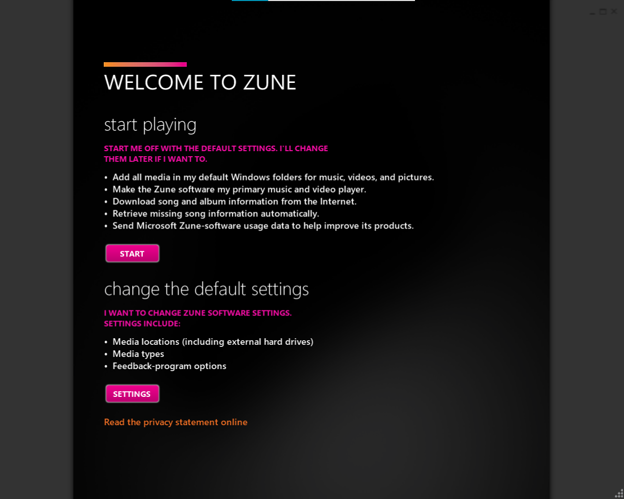 Zune software setup screen