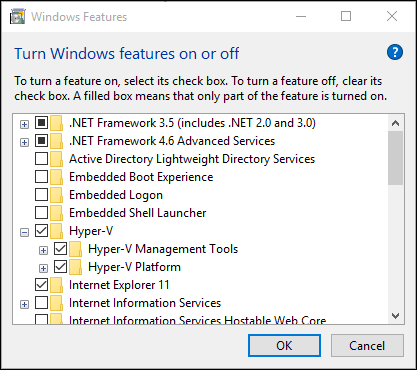 Windows Features with Hyper-V selected