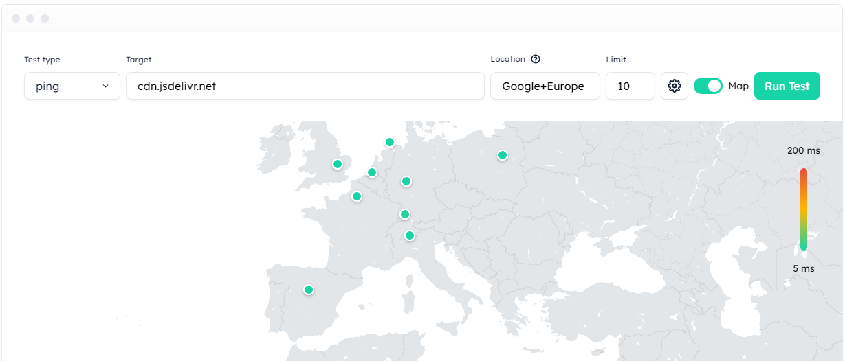 globalping latency test from google cloud