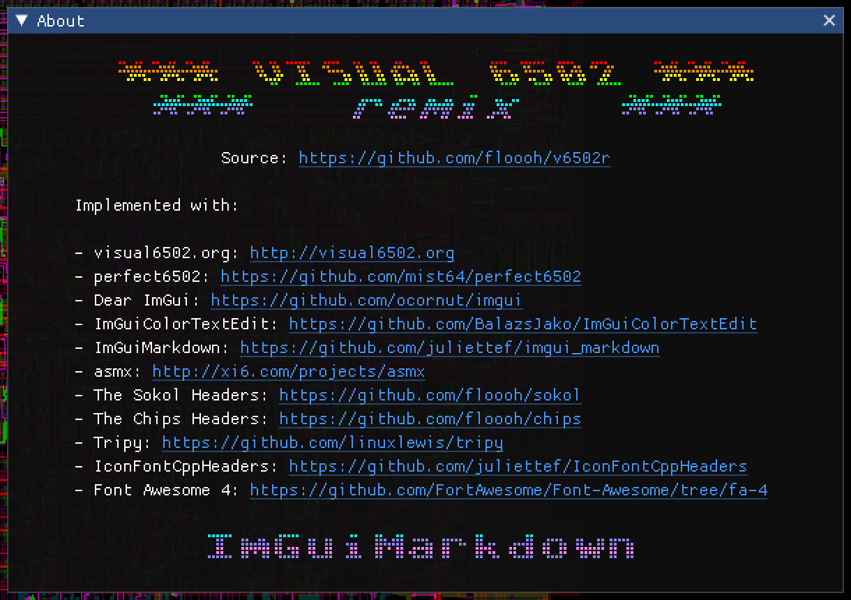 Using imgui_markdown in the About page for Visual 6502 Remix - screenshot