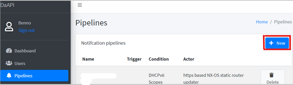 To create a pipeline, select »Pipelines« in the menu and choose »New«