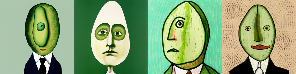 A man with a face of avocado, in the drawing style of Rene Magritte..png