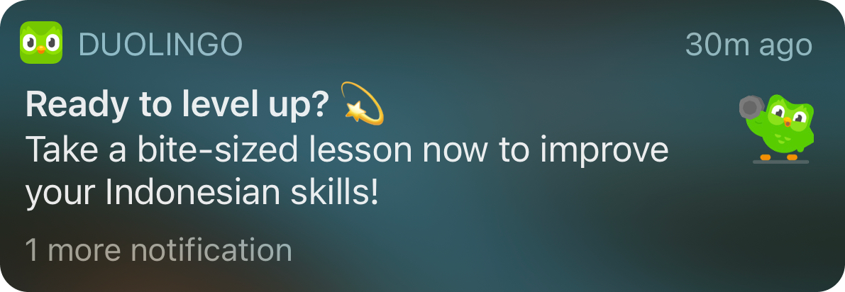 A Duolingo notification alerting me to go back to my lessons. The Duolingo green owl mascot is shown to be lifting weights