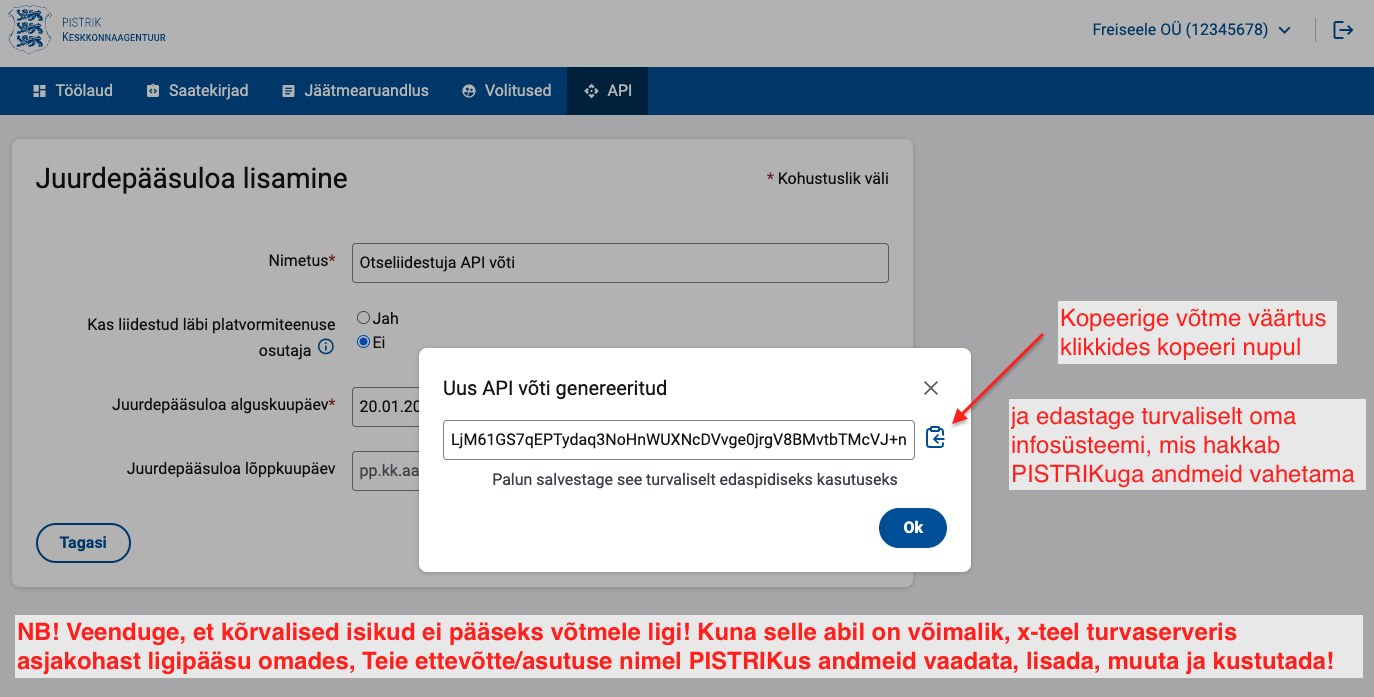 Otseliidestuja API võtme genereerimine