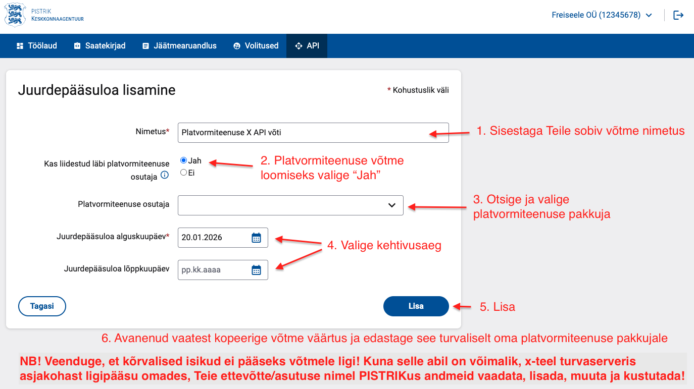 Platvormiteenuse pakkujale API võtme genereerimine