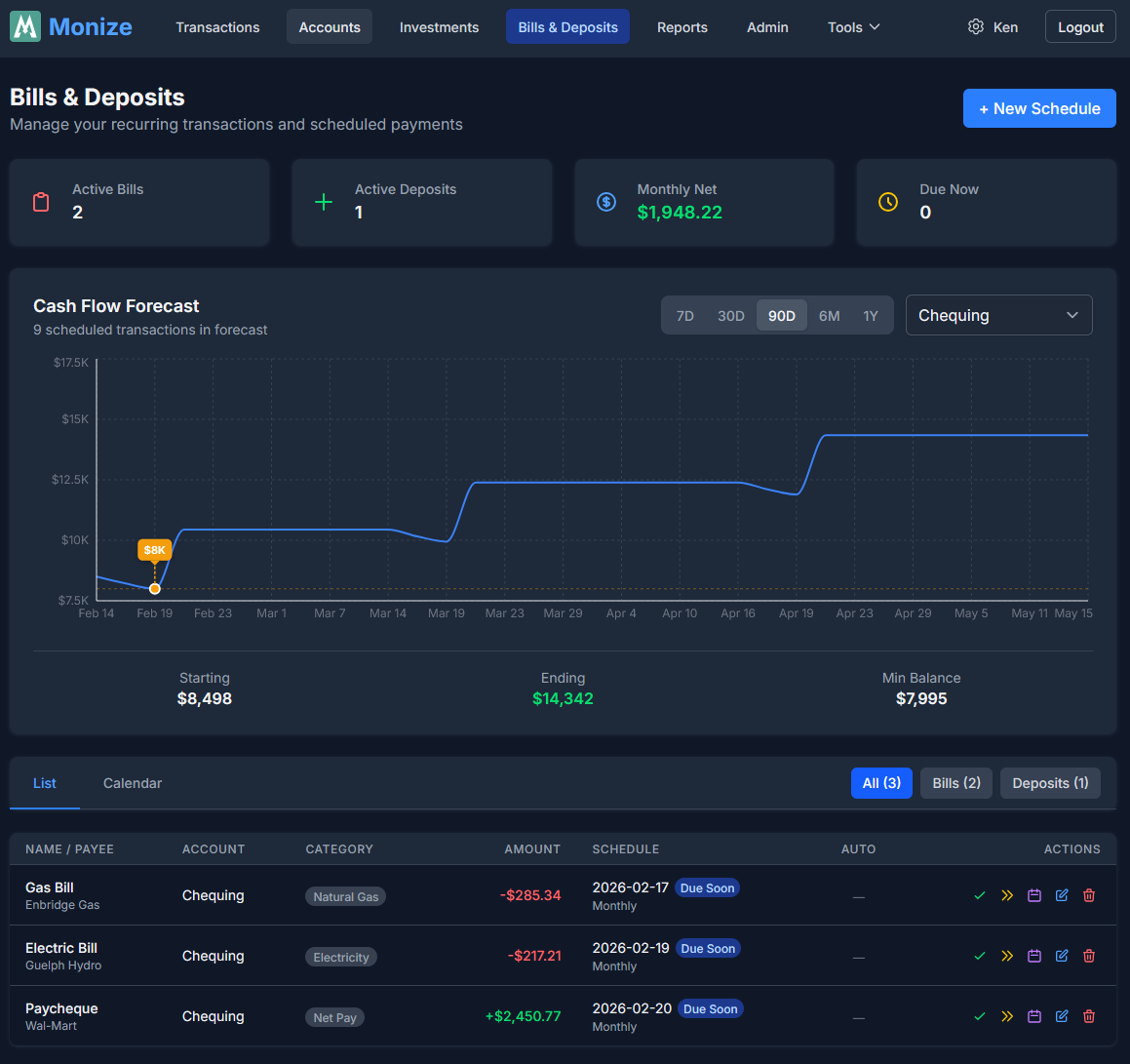 Bills and Deposits Page