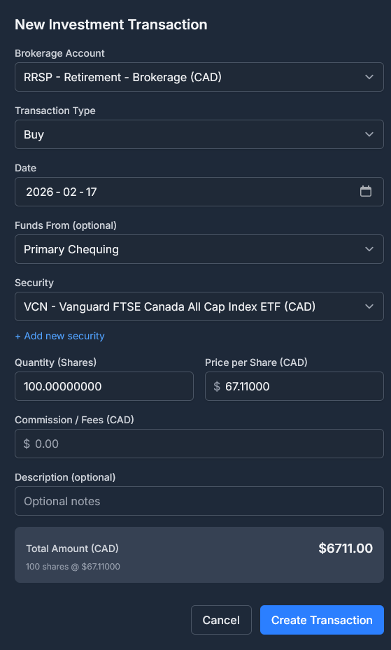 Investment Transaction Form