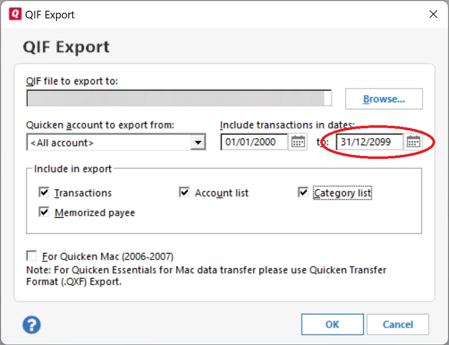 Quicken QIF Export dialog — change the highlighted "to" date to today's date