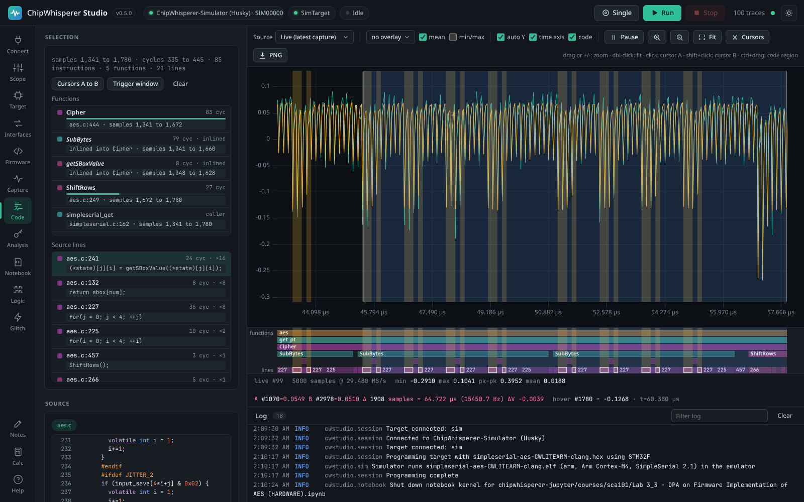 The Code tab with the code band under the waveform and a selected region