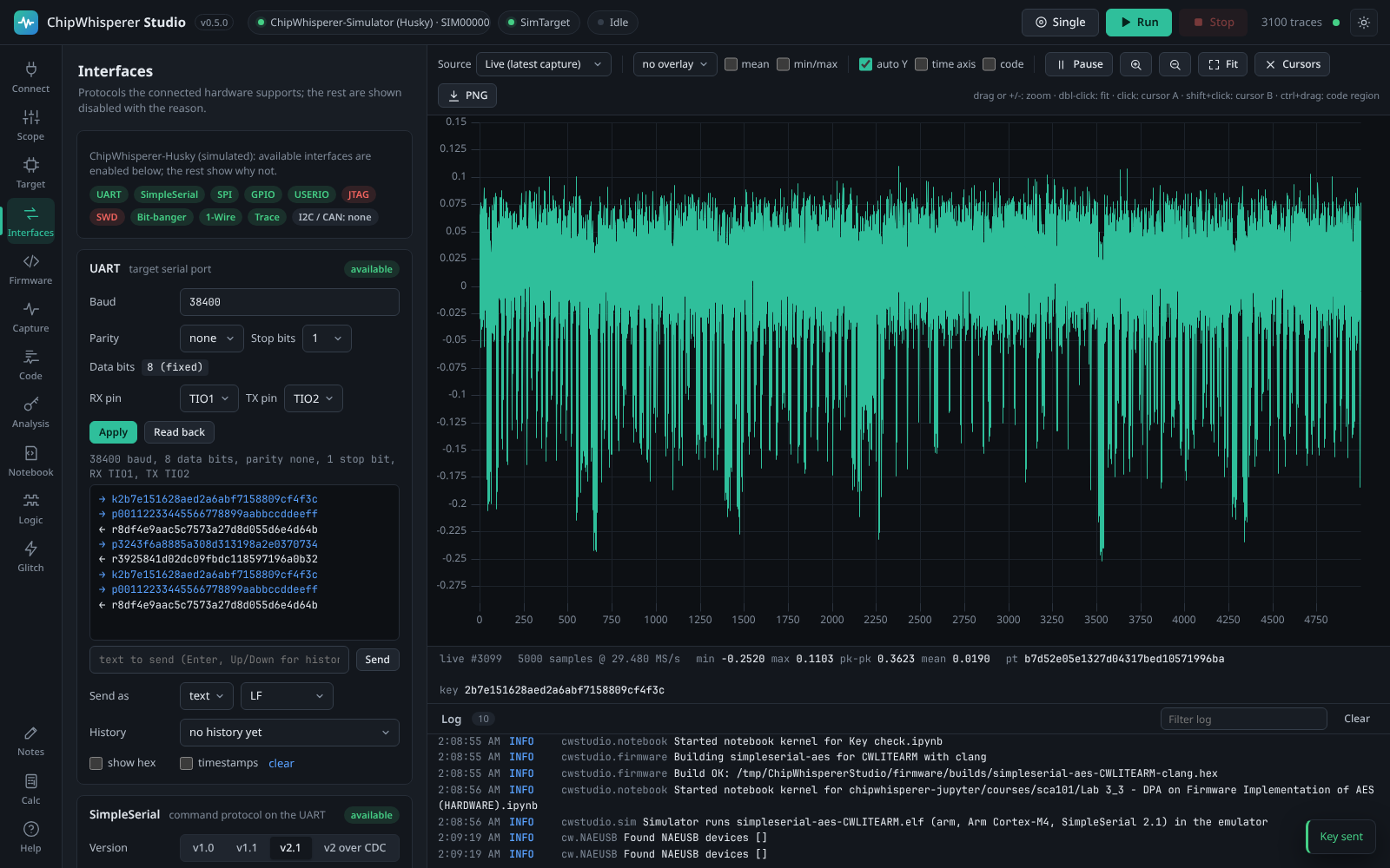 The Interfaces tab with a simulated ChipWhisperer-Husky