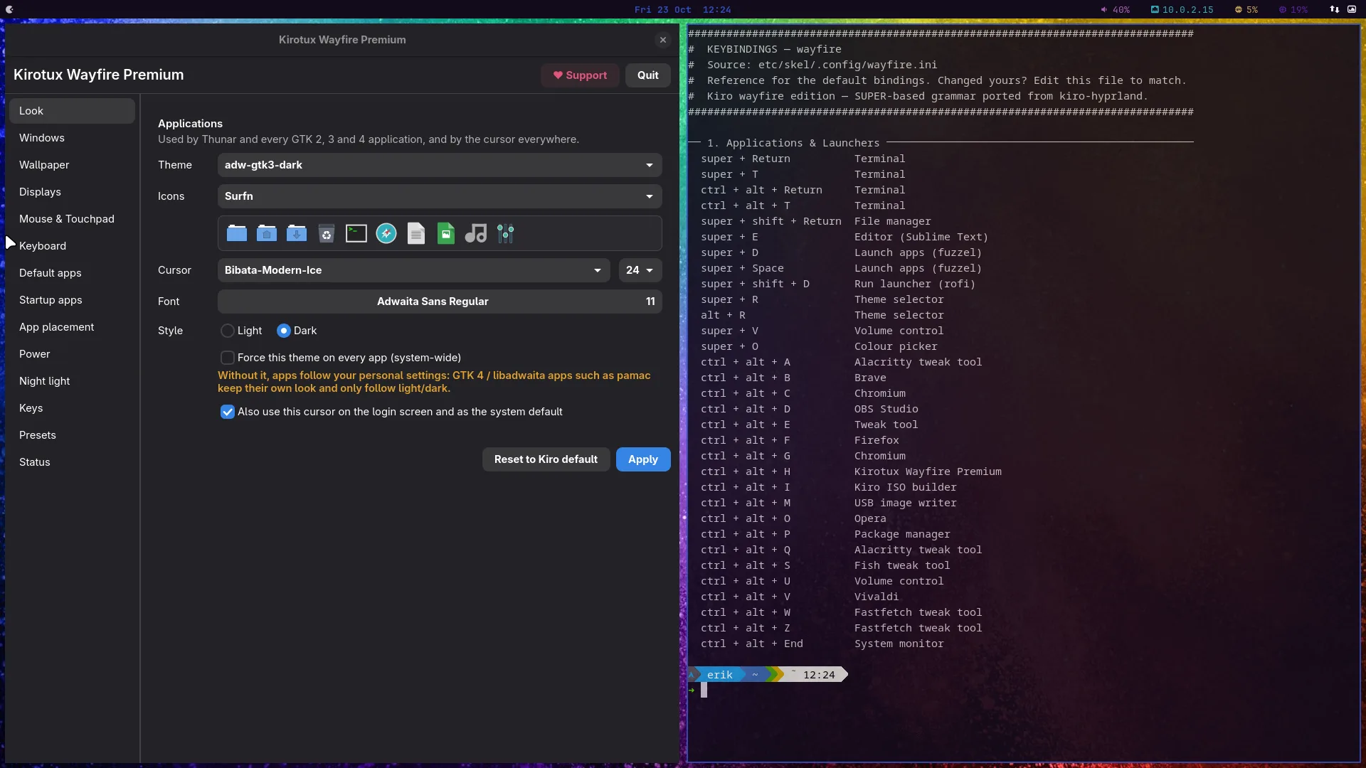 KiroTux Wayfire: Kirotux Wayfire Premium next to the keybindings