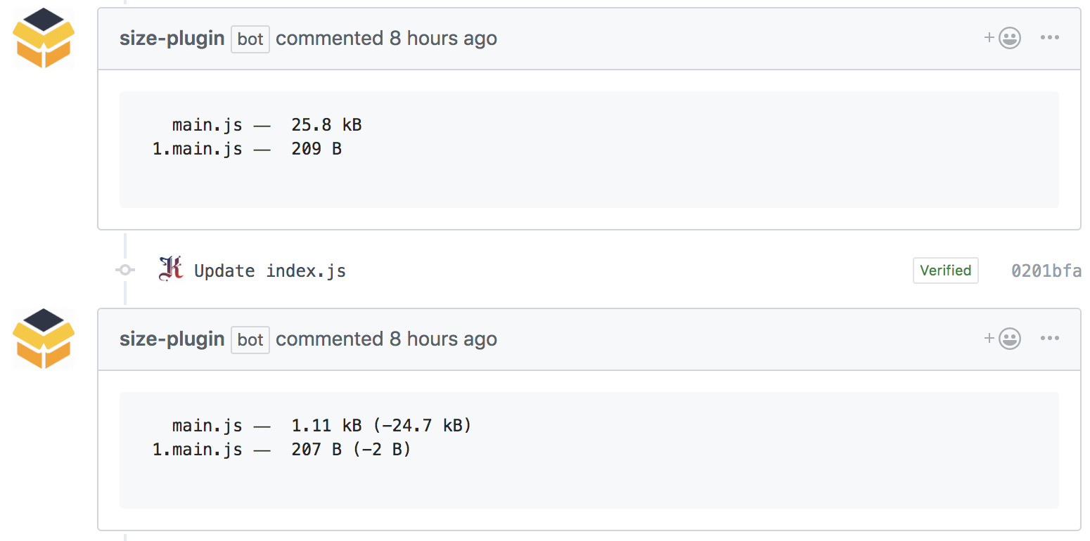 size-plugin commenting on a PR with bundle stats