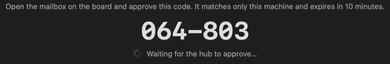The Mac app showing a pairing code and waiting for the hub to approve