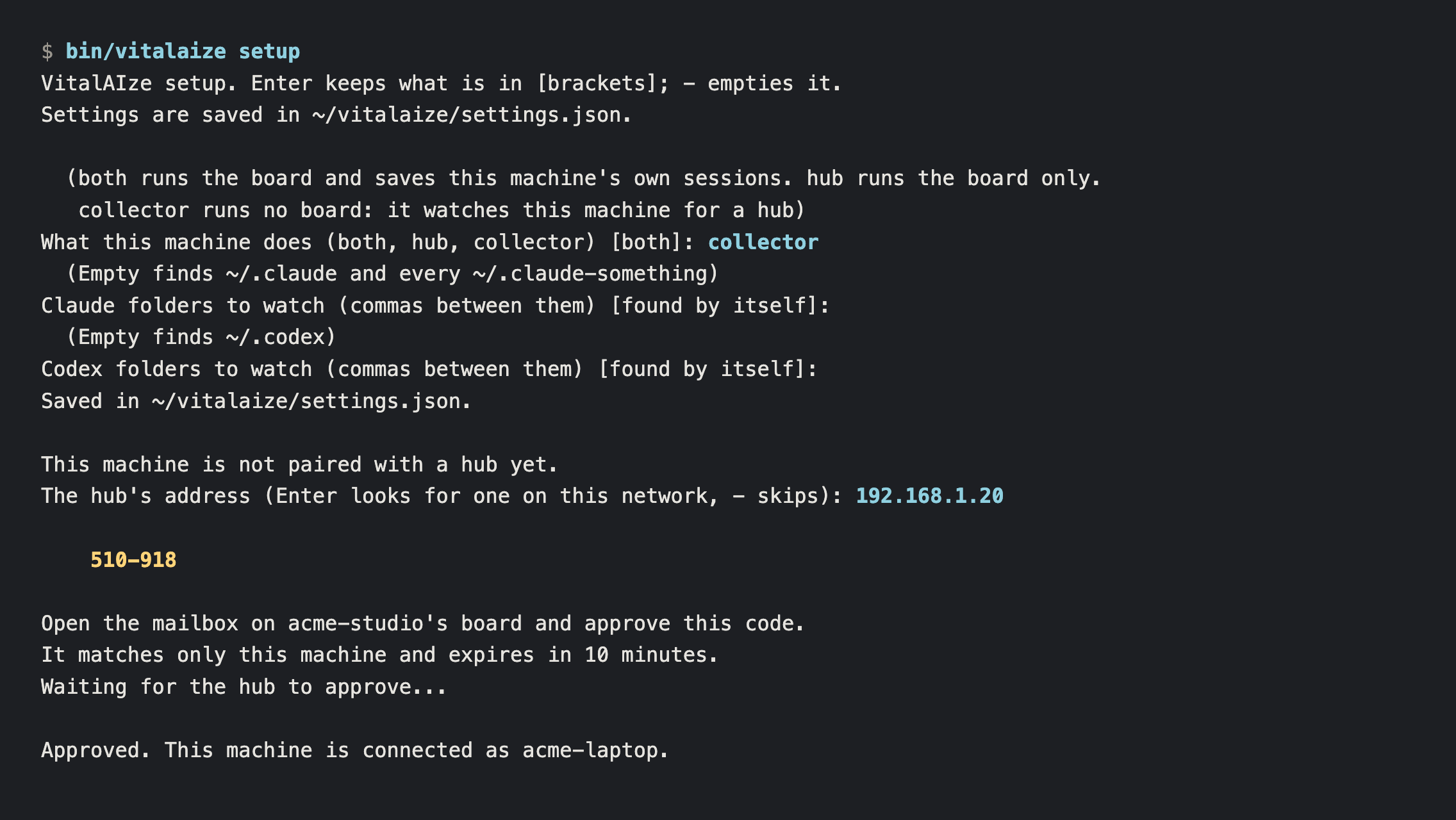 vitalaize setup in a terminal, with made-up names: it asks what the machine does, shows a code, and says when the hub approved