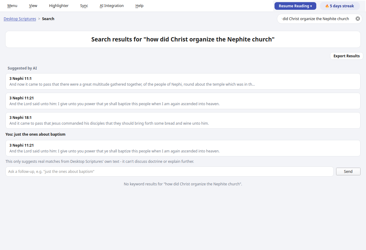 AI-assisted search answering a natural-language question, then narrowed with a follow-up