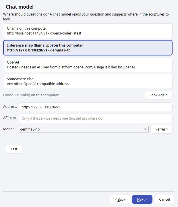 AI Setup Wizard - choosing where questions go, with two local servers found