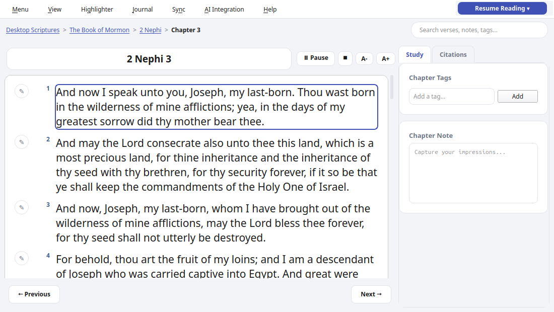 2 Nephi 3 being read aloud, with the current verse highlighted and Pause/Stop controls