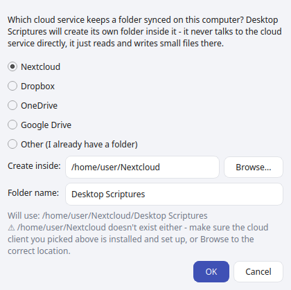 Sync Options dialog - choice of cloud service, folder location, and folder name