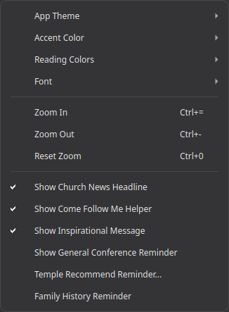 View menu showing the Show Church News Headline, Show Come Follow Me Helper, and Show Inspirational Message toggles