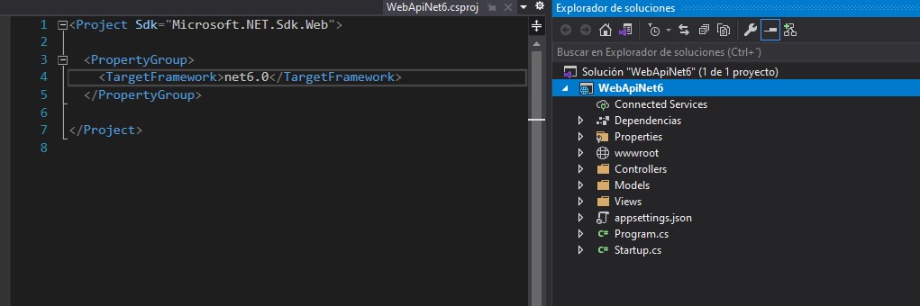 El proyecto MVC abierto desde el Visual Studio y se muestra que esta usando el SDK de .NET 6