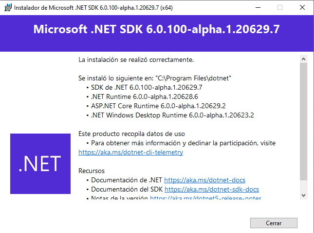 Instalación de .NET 6 hecha exitosamente 