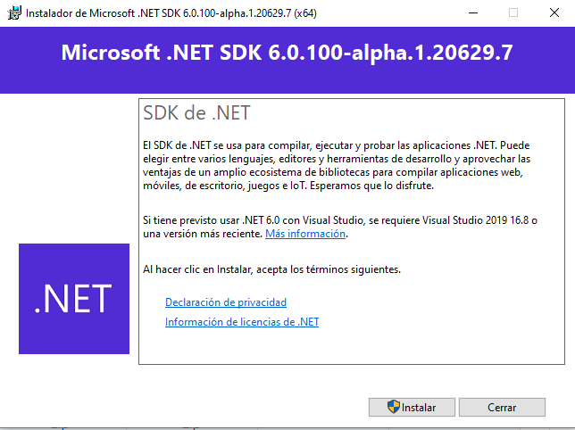 Iniciando la instalación de .NET 6