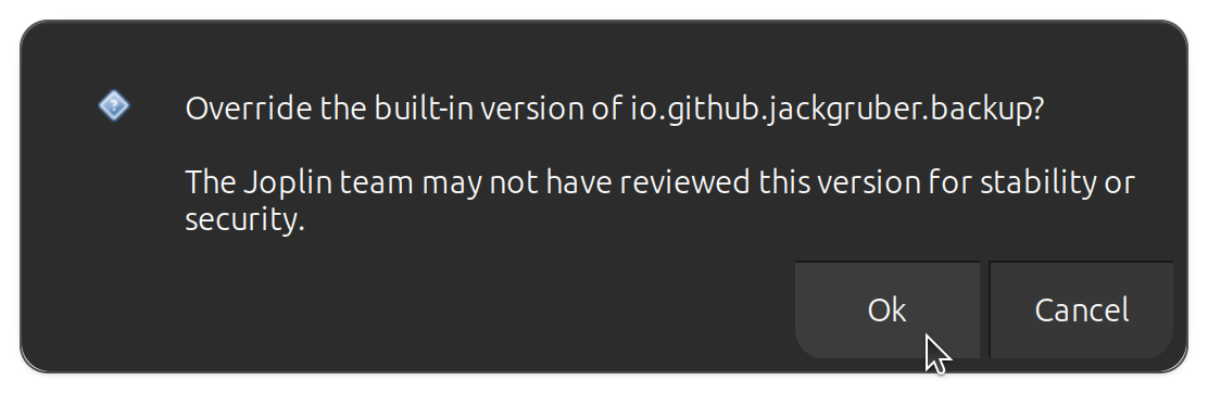 screenshot: Warning about replacing a built-in plugin