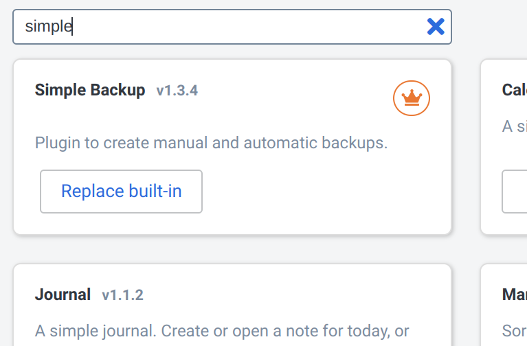 screenshot: Search for simple backup shows "replace built-in"