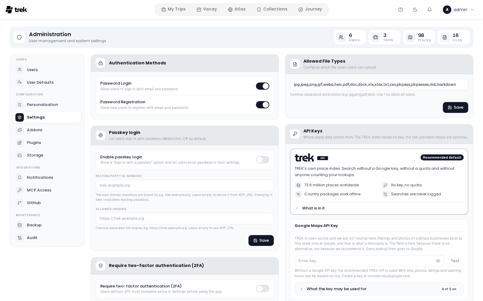 Admin Settings tab: Authentication Methods, Passkey login and Require two-factor authentication in the left column, Allowed File Types and API Keys with the TREK Places API marked Recommended default in the right column